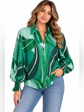 Retro Modern Green Abstract Print Button-Up Blouse